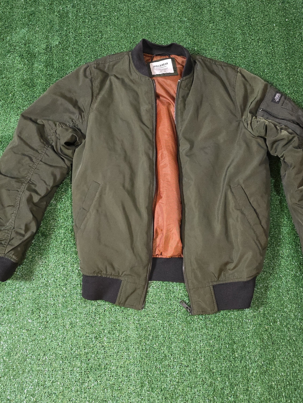 Pull and Bear Olive Green Bomber Jacket Orange Lining Men's Size S Small